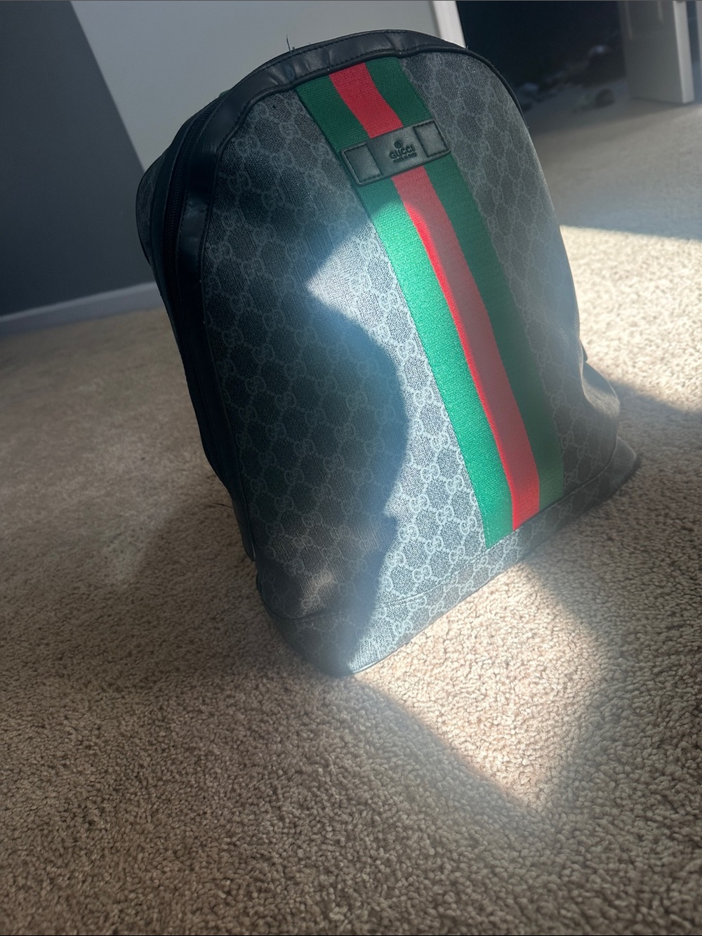 Gucci Gray Monogram Backpack with Green and Red Center Stripe HIGH Quality